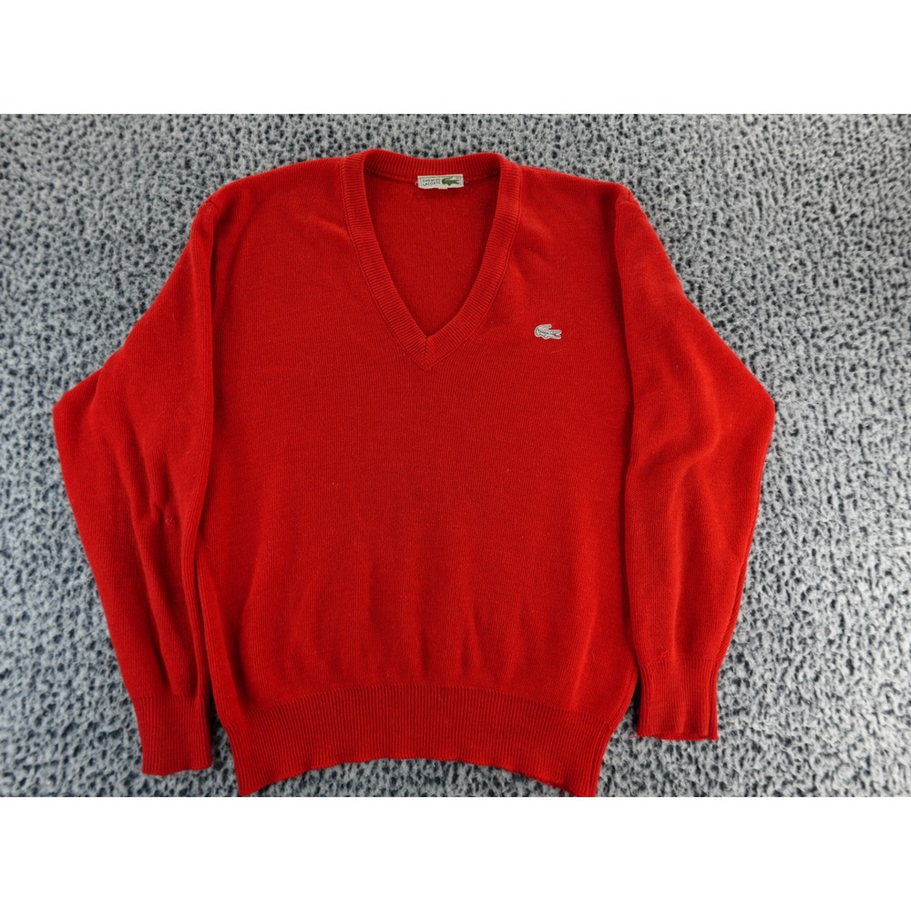 Chemise Lacoste V Neck Sweater Red Classic Logo Embroidered Pullover Mens Size L